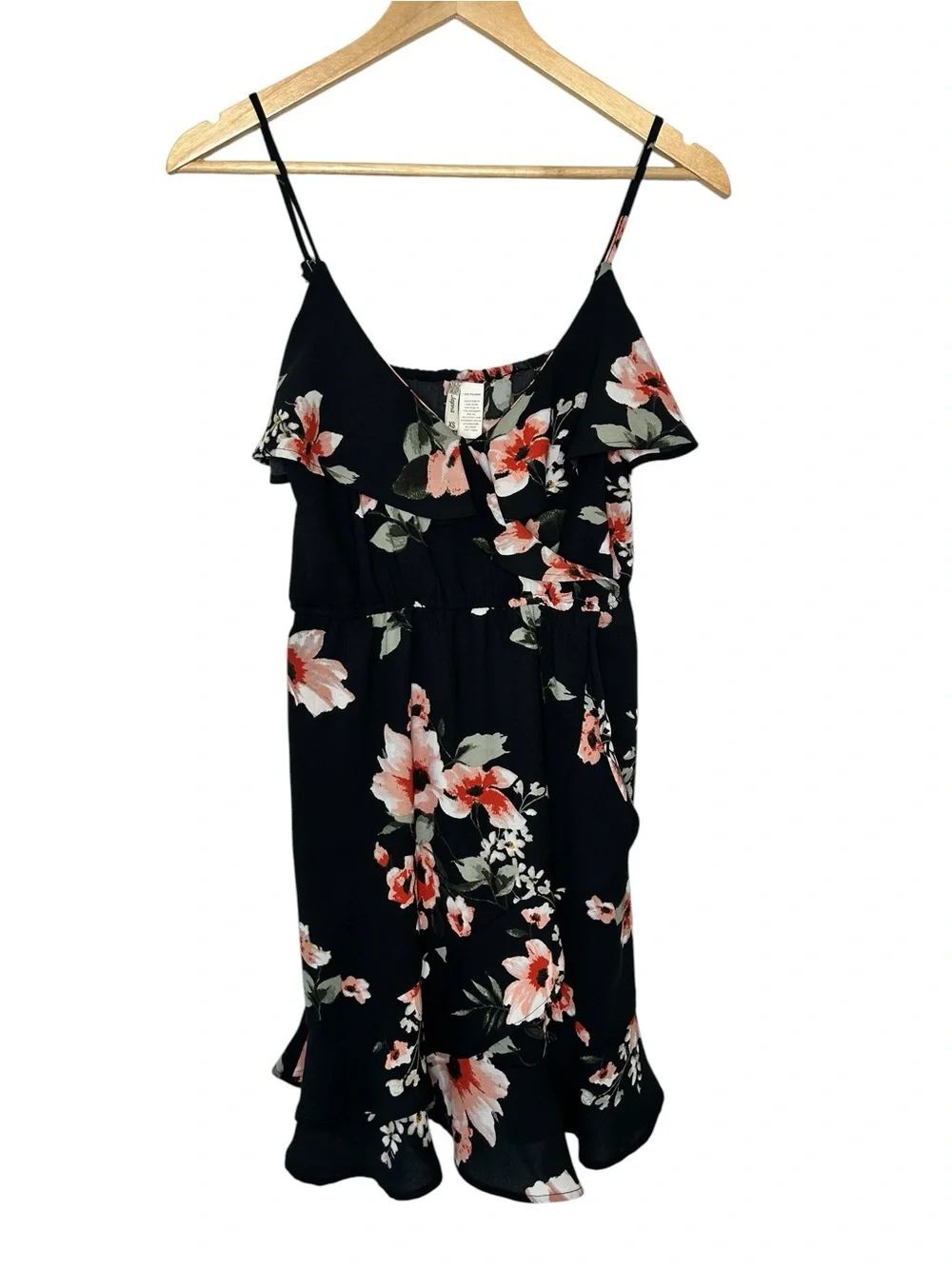 Japna size xsmall floral Ruffle Spaghetti Strap Dress - Black with Coral pink